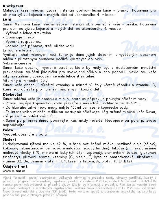 Sunar mléčná kaše malinová 225g