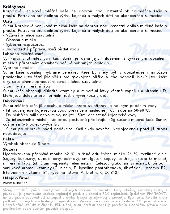 Sunar ml. krupicová vanil. kaše na dobrou noc 225g