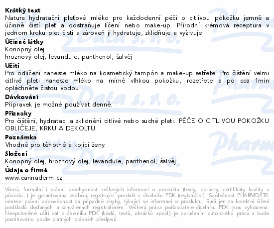 Cannaderm Natura pleťové mléko hydratační 200ml