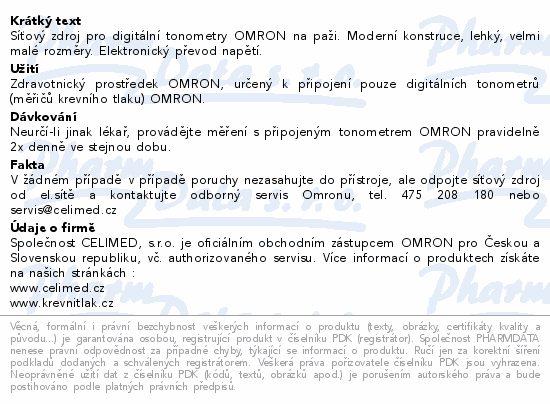 Adaptér síť.OMRON HHP pro pažní tlakoměry